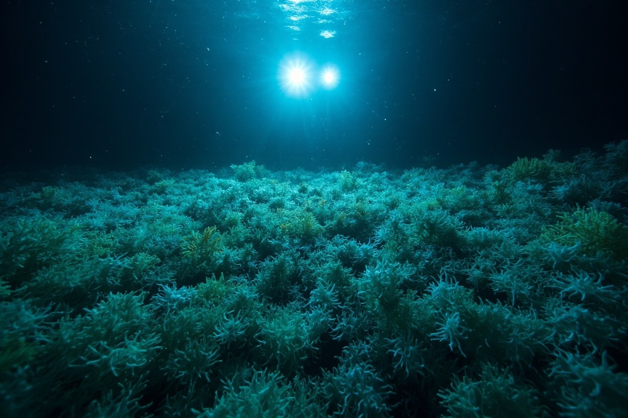 A glass sponge meadow on a North Pacific abyssal plain, lit by the lights of a research submersible in the cold dark water column