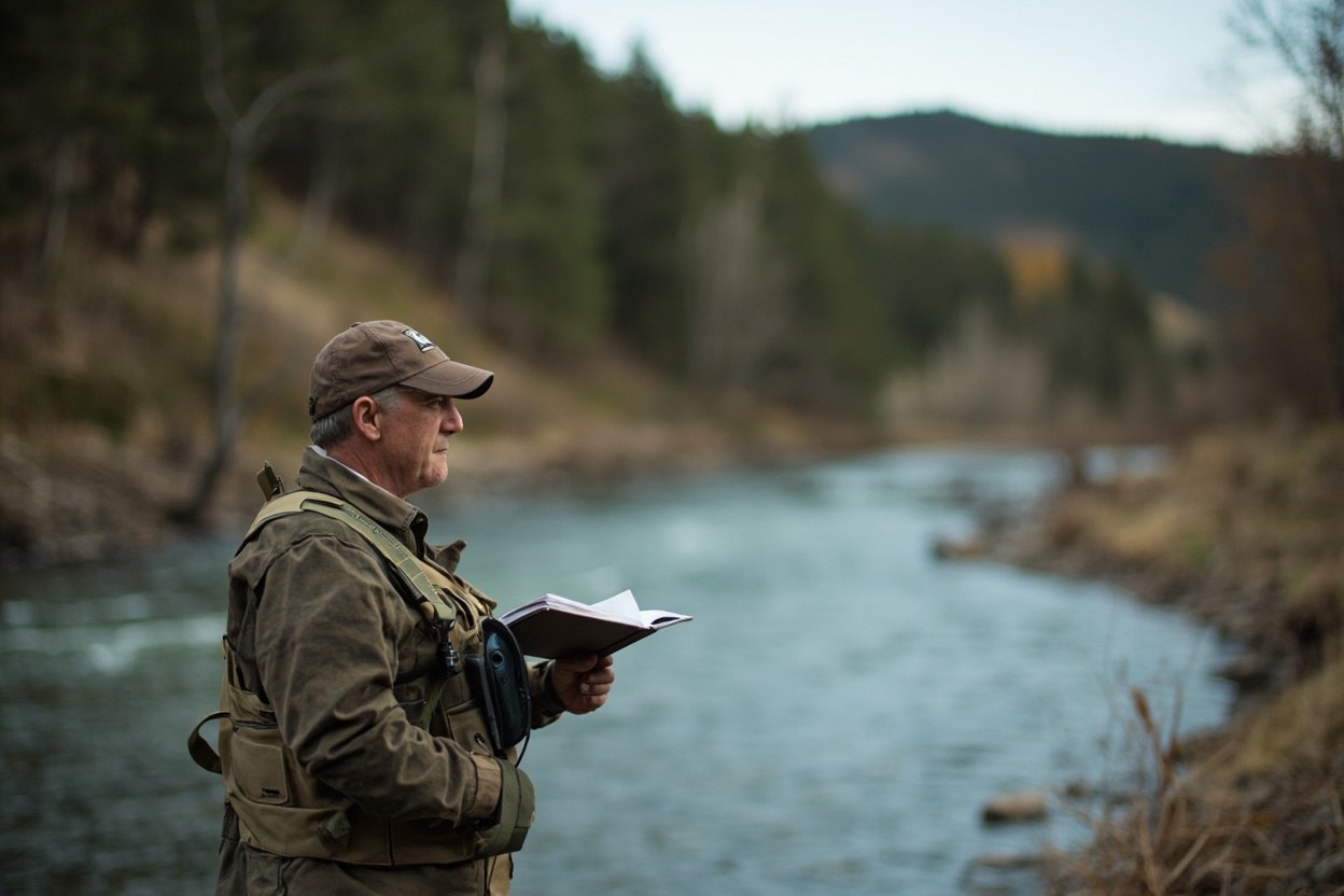 A person in a khaki field vest standing at the edge of a slow river, holding a small notebook, with a forested slope rising behind them in soft midday daylight