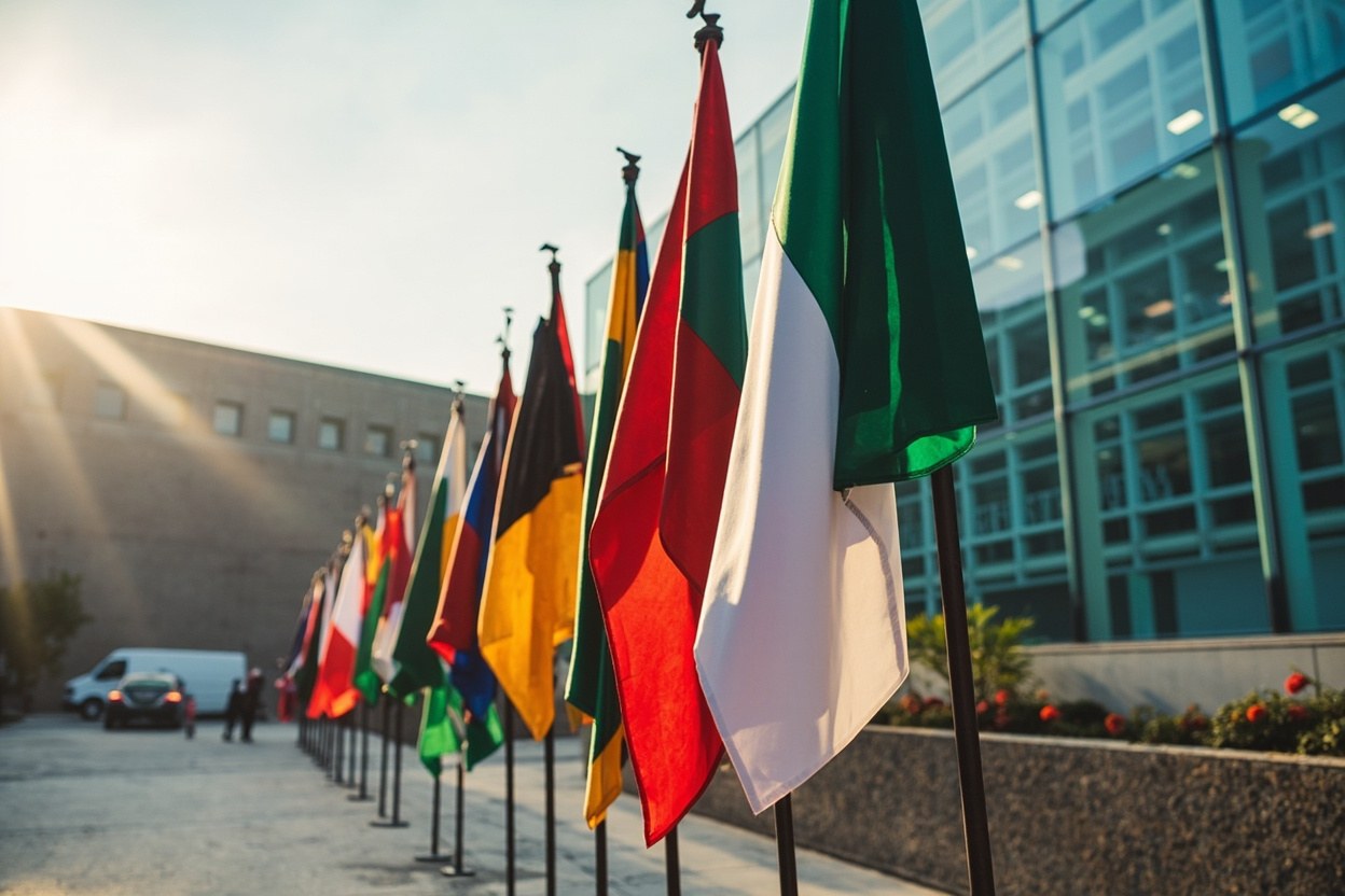 A row of national flags outside a glass convention hall in daylight, with the Silk Road Samarkand Congress Centre in the background and a press pool gathered near the entrance.