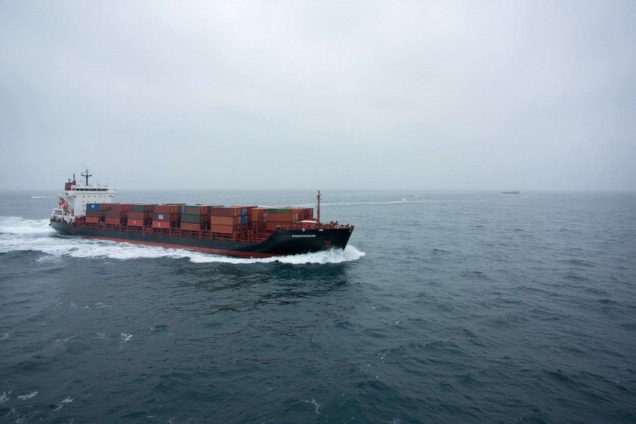 A commercial cargo vessel transiting a grey Atlantic shipping lane under overcast skies with a distant pilot boat visible in the shipping channel at dusk