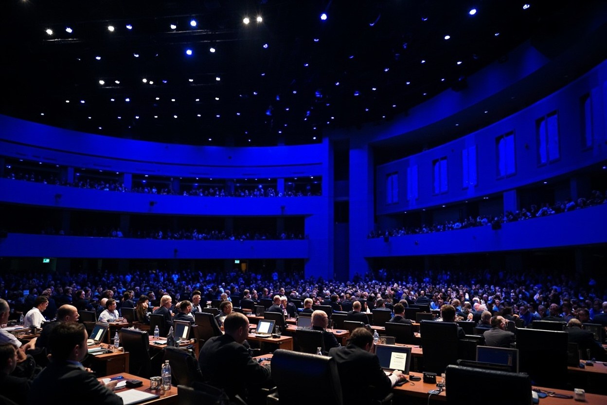 Wide interior view of the Samarkand COP15 plenary hall at night, with delegates seated beneath tiered blue lighting and the Convention on Migratory Species crest projected on the back wall in daylight-balanced focus