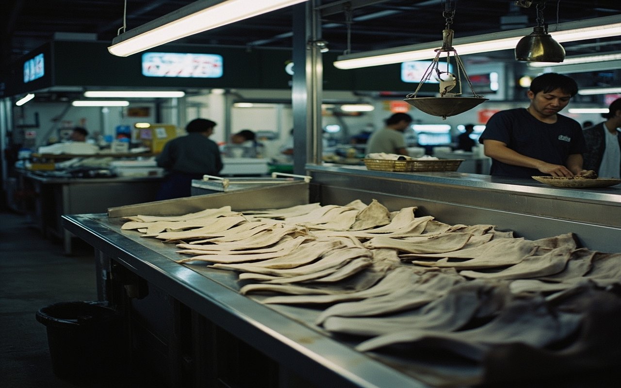 Dried shark fins arranged in rows on a market stall under fluorescent light, with a hanging scale above.
