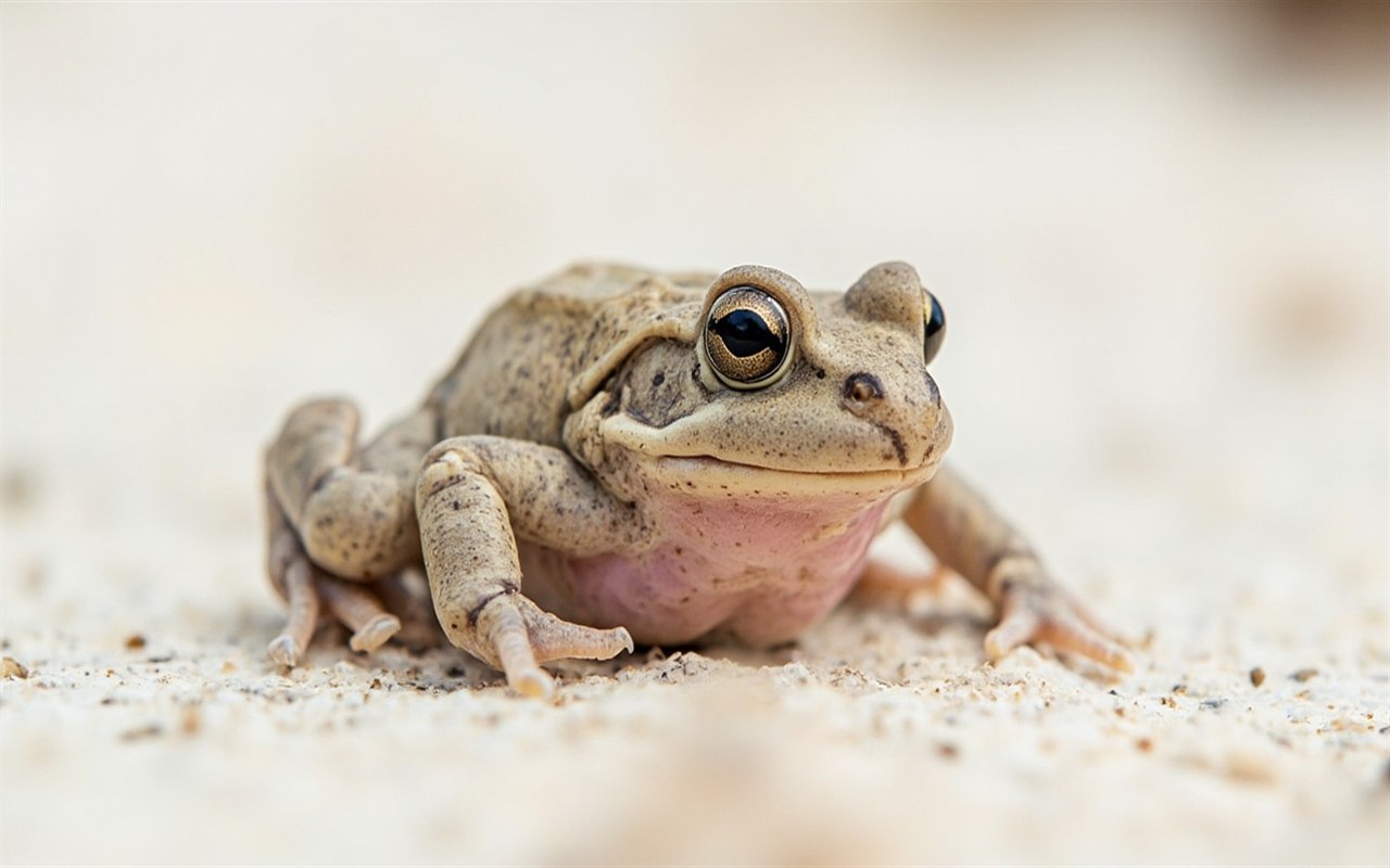 Close-up of a desert rain frog on white coastal sand, showing its rotund body, short legs, and pale belly, photographed at ground level in the Succulent Karoo.