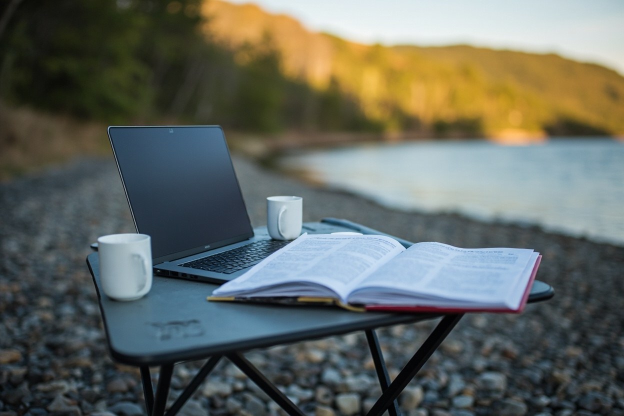 A laptop and a printed protocol binder sit open on a folding camp table beside a gravel riverbank in flat afternoon daylight.