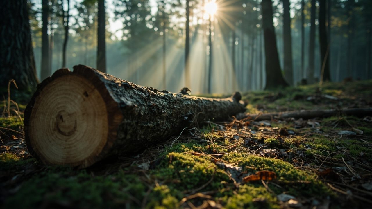 A freshly cut log lying on a mossy forest floor at dawn, with sunlight coming through the trees behind it