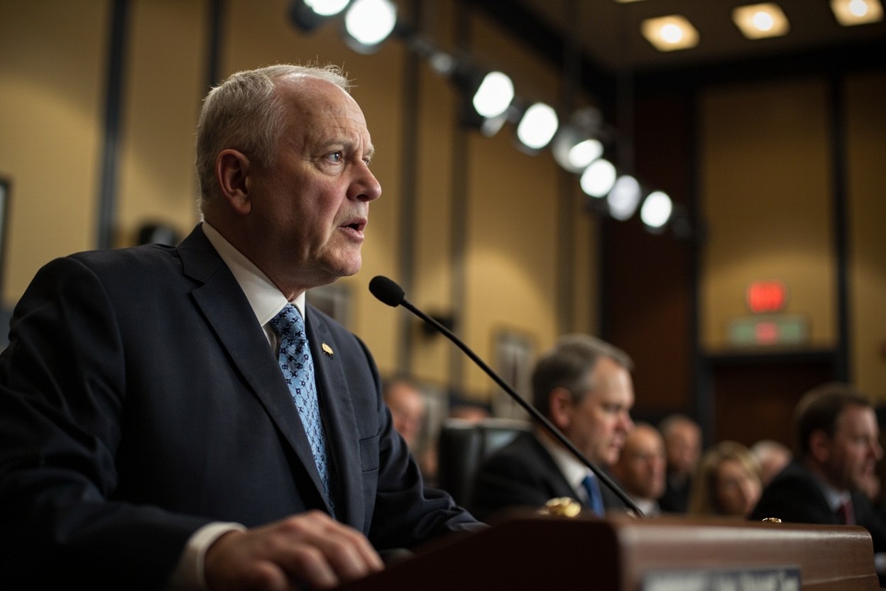 FEMA administrator speaking at a podium in a federal hearing room with a row of microphones catching the overhead lights