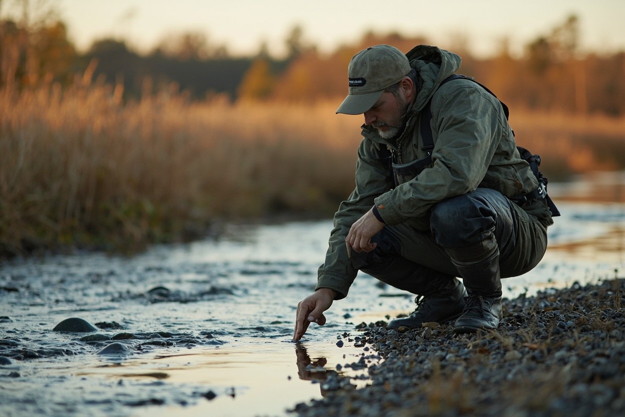 A malacologist in waders inspects the exposed gravel bed of a shallow southern Appalachian river at low daylight, a field notebook in hand, a graded streambank above