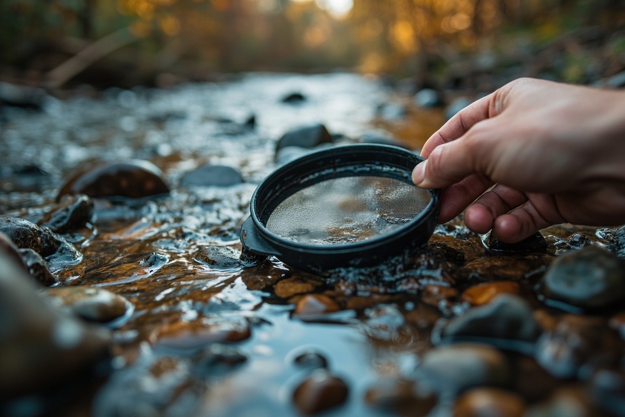 A close view of a flowing freshwater creek with rounded cobble substrate and a hand-held sampling sieve resting at the waterline in soft overcast light