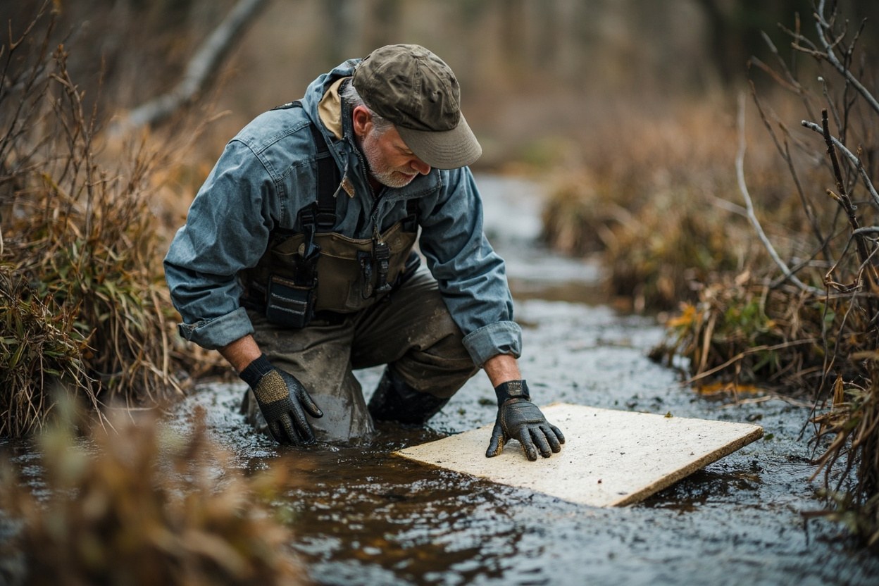 A field biologist in chest waders kneels in a shallow river bend, lifting a flat substrate plate from the streambed under overcast daylight.