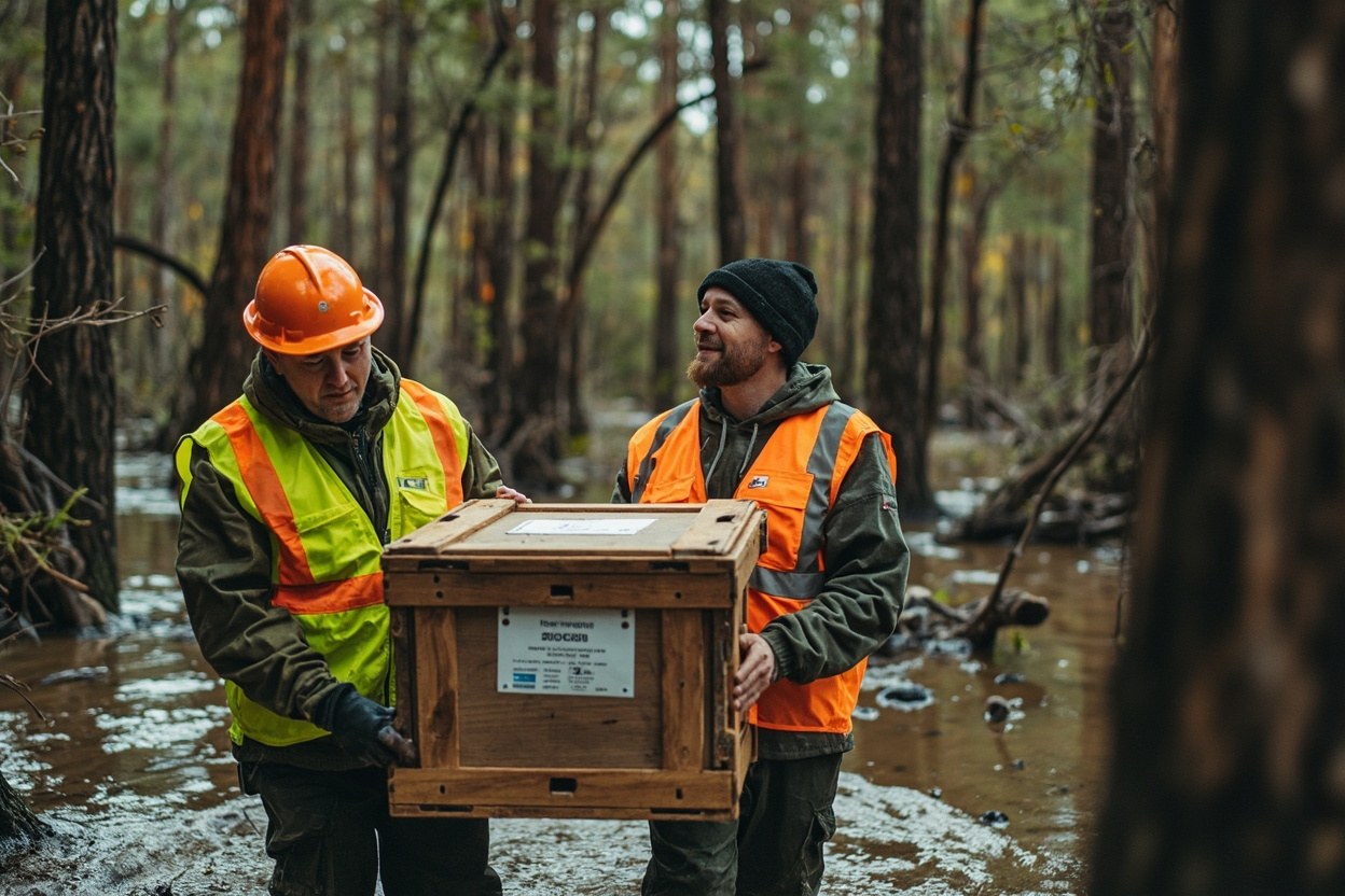 Two wildlife biologists in high visibility vests carry a labelled crate through a flooded coastal pine forest in early daylight