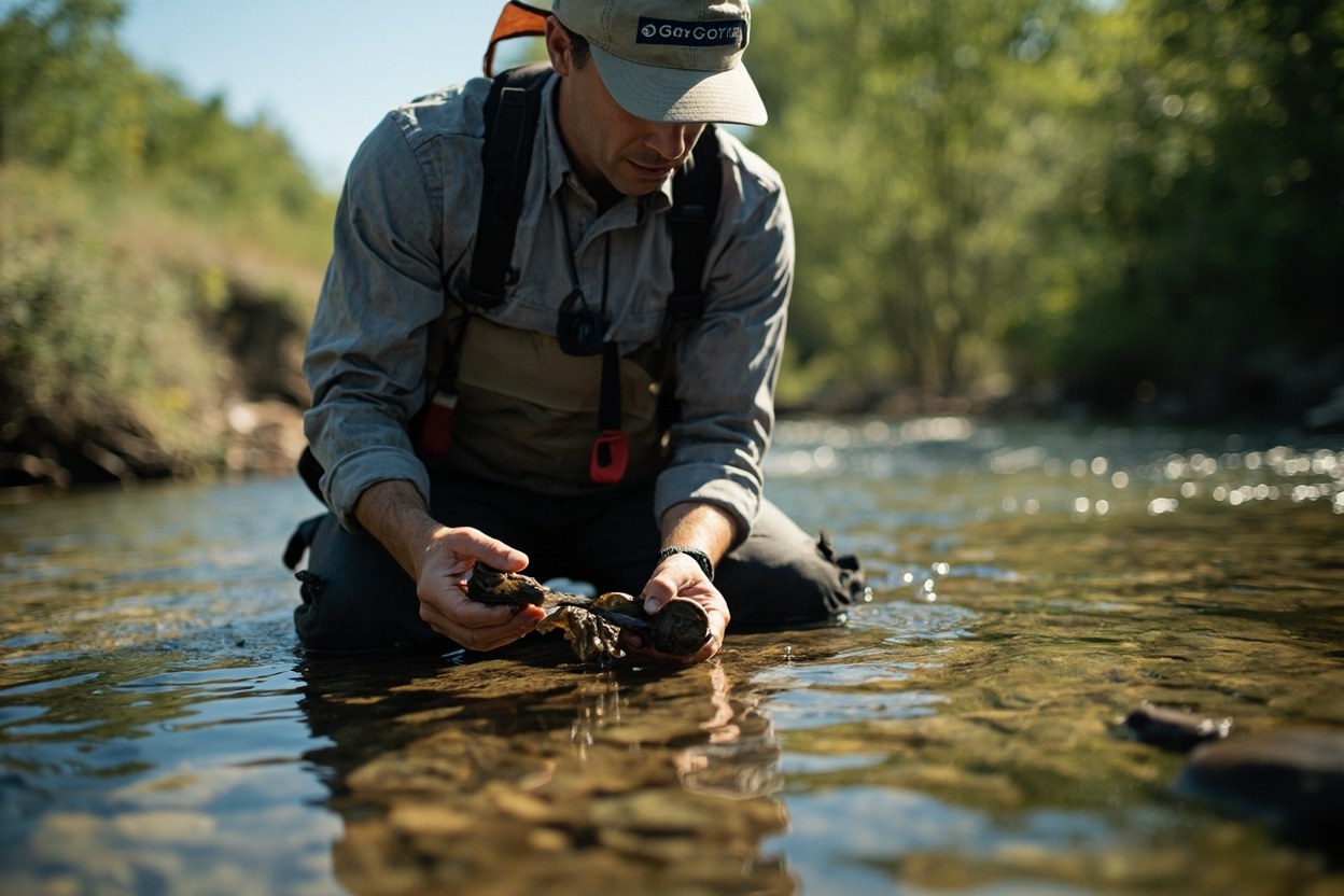 A biologist kneels in clear stream water holding a freshwater mussel for transport in daylight