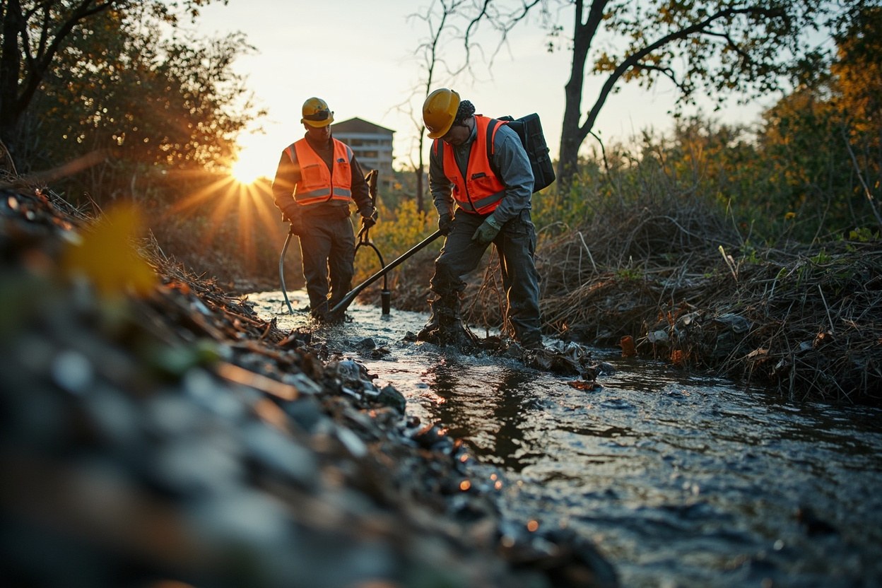 A federal disaster response crew in orange vests clears debris from a shallow river channel in morning daylight