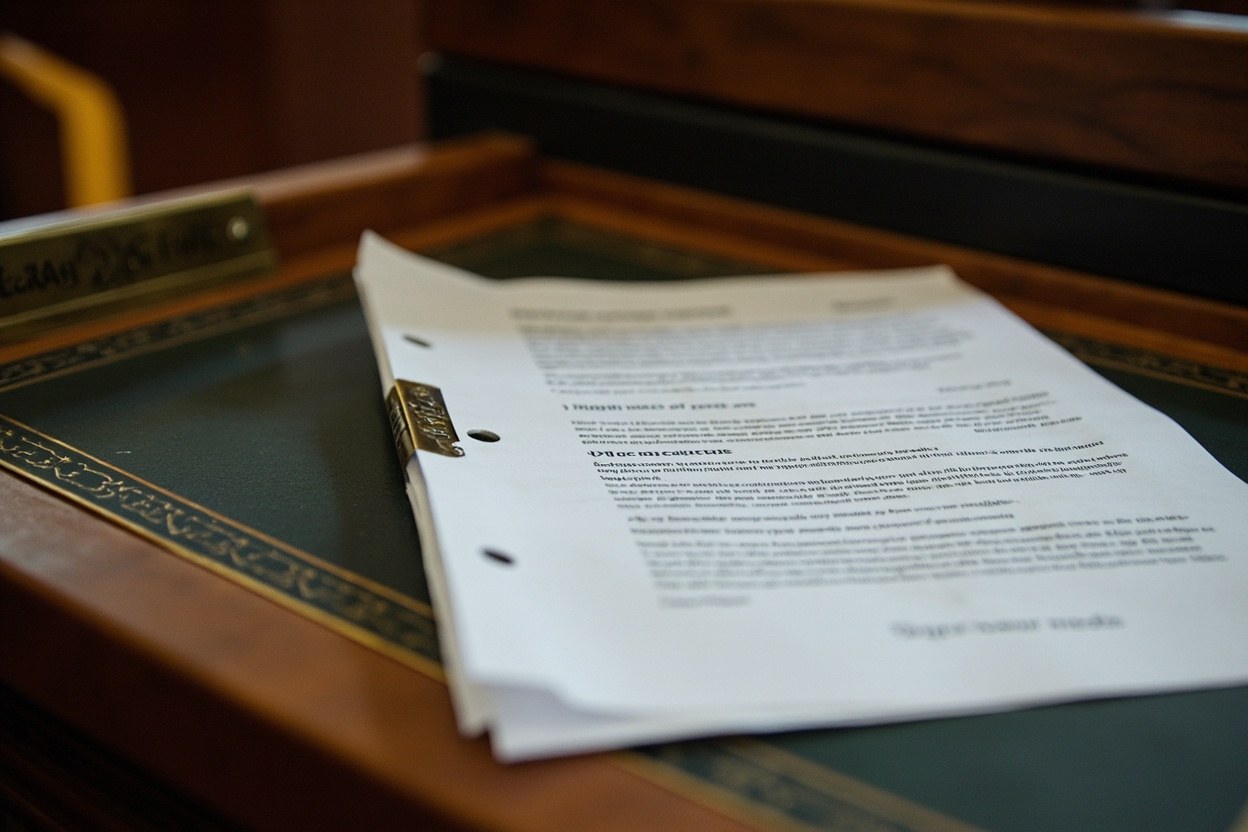 A printed Federal Register page rests beside a brass nameplate on a wooden desk in a government office interior
