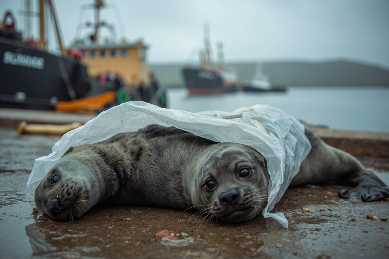 A grey seal carcass in a leak proof sampling bag on a quayside at Lerwick harbour in overcast daylight