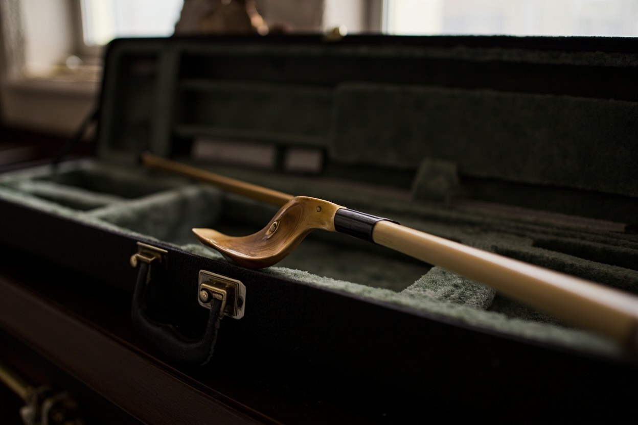 A violin bow with a worked ivory frog rests on a felt lined case interior, daylight through a workshop window.