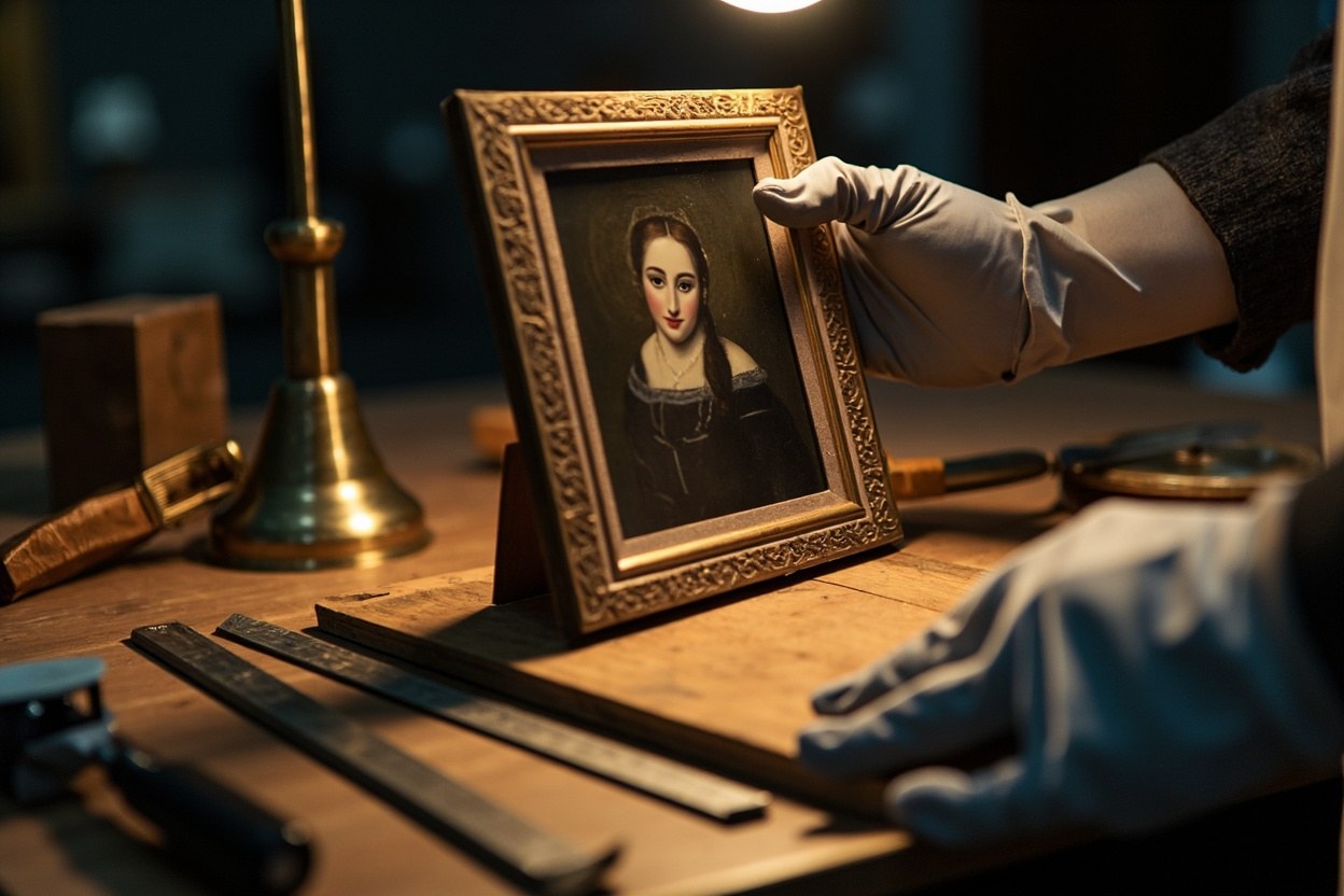 A conservator's gloved hand holds a small framed portrait under a bench lamp in a museum interior, with measuring tools visible on a mat.