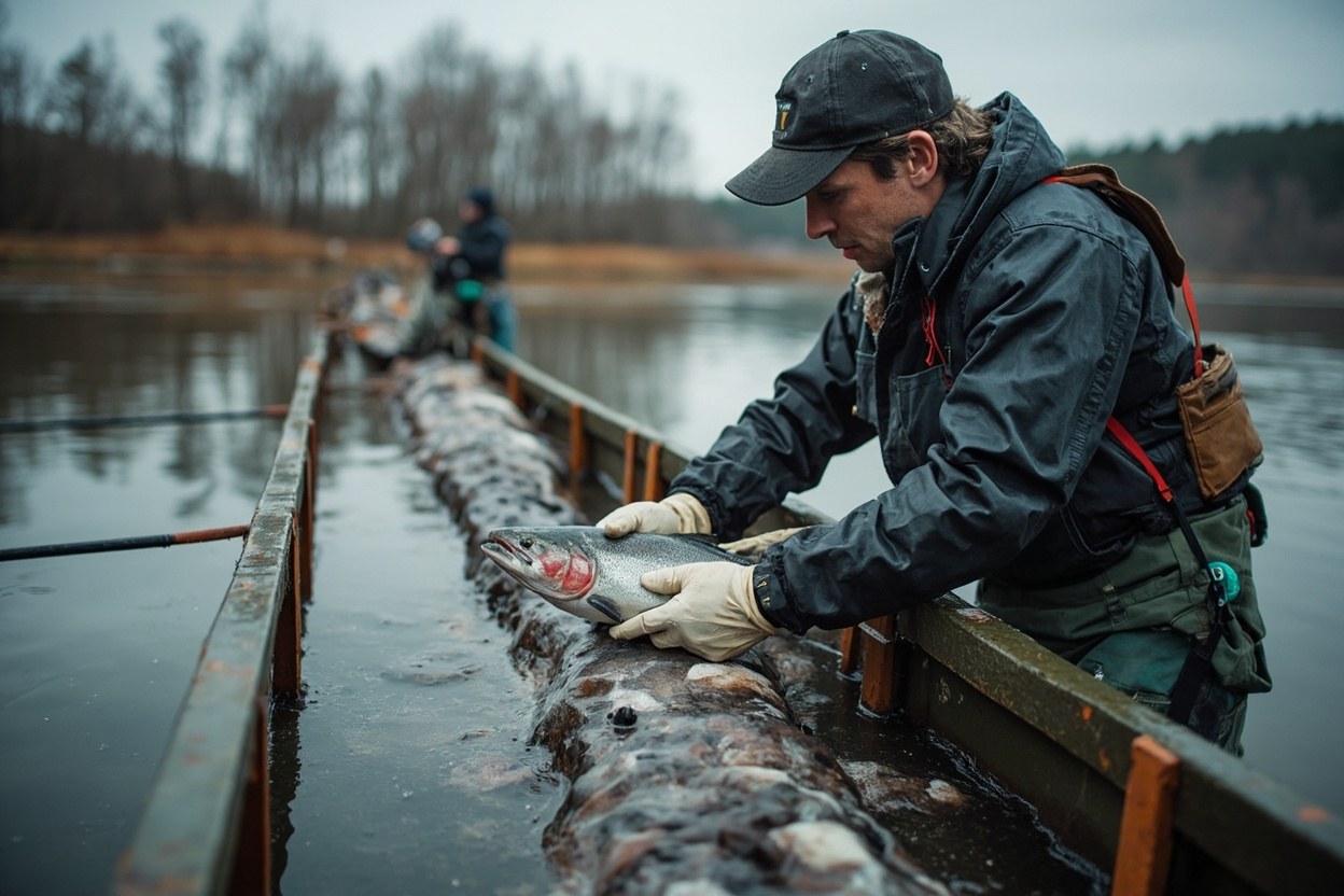 A riverine field station in overcast daylight with a technician counting small salmon smolts as they pass a monitoring channel.