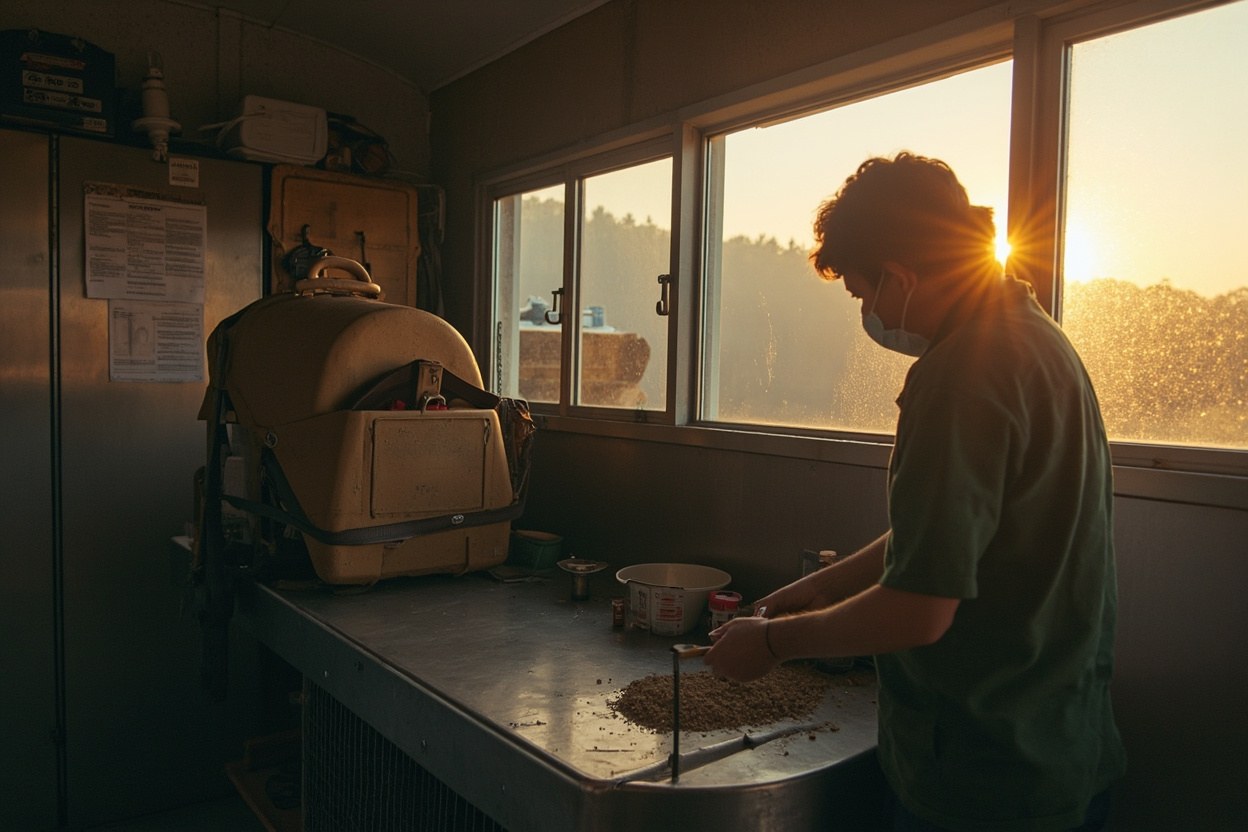 A wildlife rehabilitator in a clinical interior at dawn, preparing a covered enclosure beside stainless surfaces and a row of labelled containers in cool fluorescent daylight