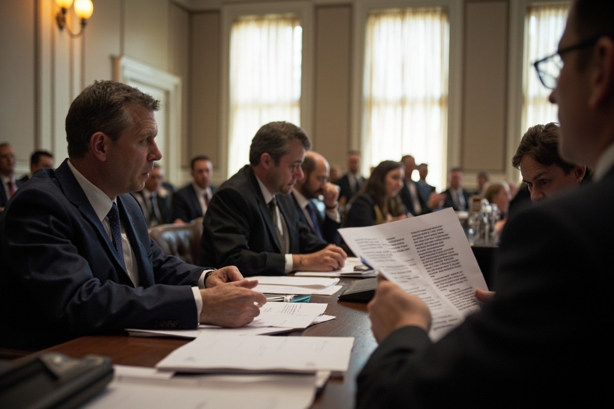 A federal hearing room in daylight with officials at a long table reviewing documents at the front of the room.