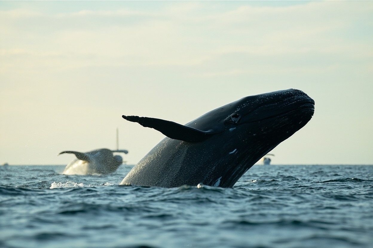 A dark North Atlantic right whale lifts its broad head above calm coastal water in pale afternoon daylight