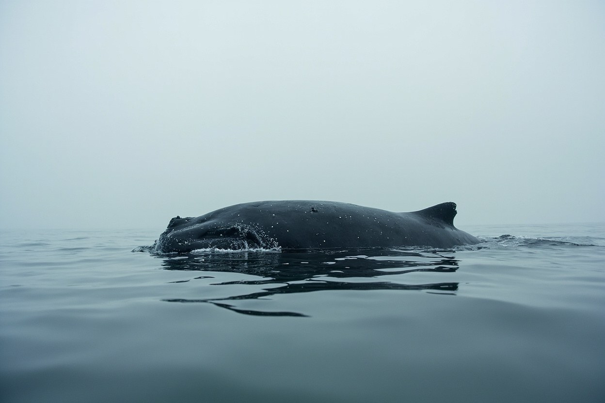 A North Atlantic right whale surfacing in calm grey coastal water with the callosity pattern on its head clearly visible against a low horizon in overcast daylight