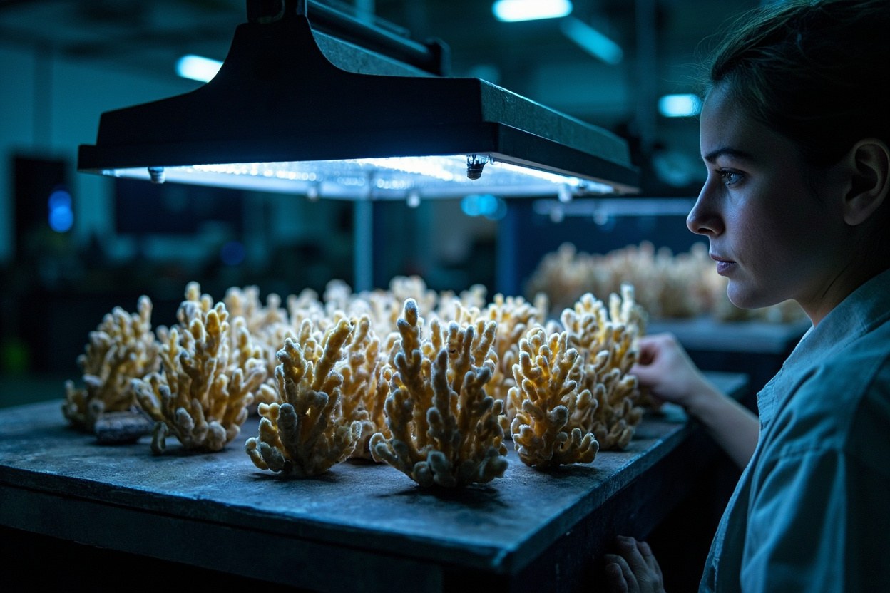 A coral holding tank at a wholesale facility with rows of frag plugs under LED grow lights in a low lit interior