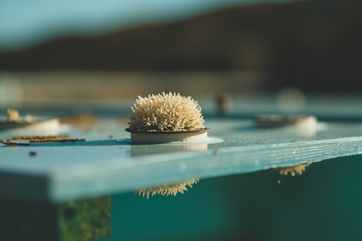 A close view of a small maricultured coral fragment attached to a ceramic plug in a holding tank with blurred background in reef aquarium interior