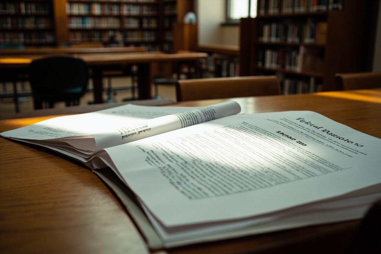 A printed Federal Register volume lies open on a wooden desk in a federal library reading room, with morning daylight falling across the page in warm tones and a pair of reading glasses resting beside the volume, in a quiet archival interior. The phrase.