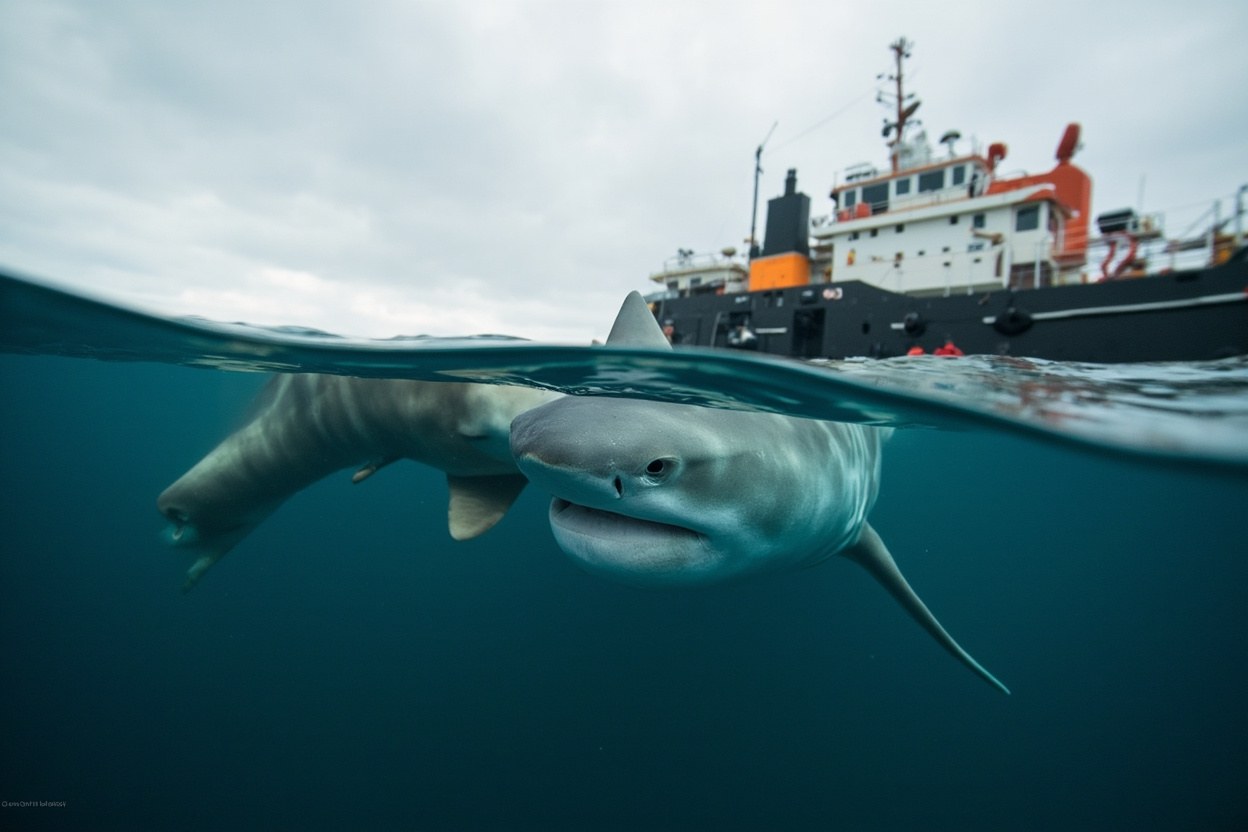 A porbeagle shark surfaces beside a research vessel in overcast North Atlantic daylight.