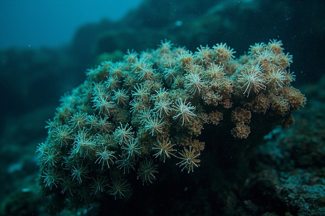 A primnoid coral colony on an Emperor Seamount ridge, with brittle stars wrapped around its branches in deep cold daylight filtered from the surface