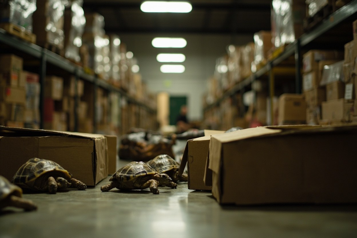 A row of small tortoises in shallow cardboard boxes on a warehouse floor, fluorescent ceiling light overhead, a clipboard and pen resting on the nearest box in daylight.