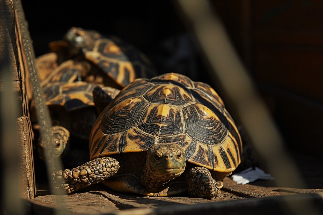 A group of radiated tortoises packed into a wooden crate seized at a customs warehouse, with investigators documenting the consignment in artificial interior light.