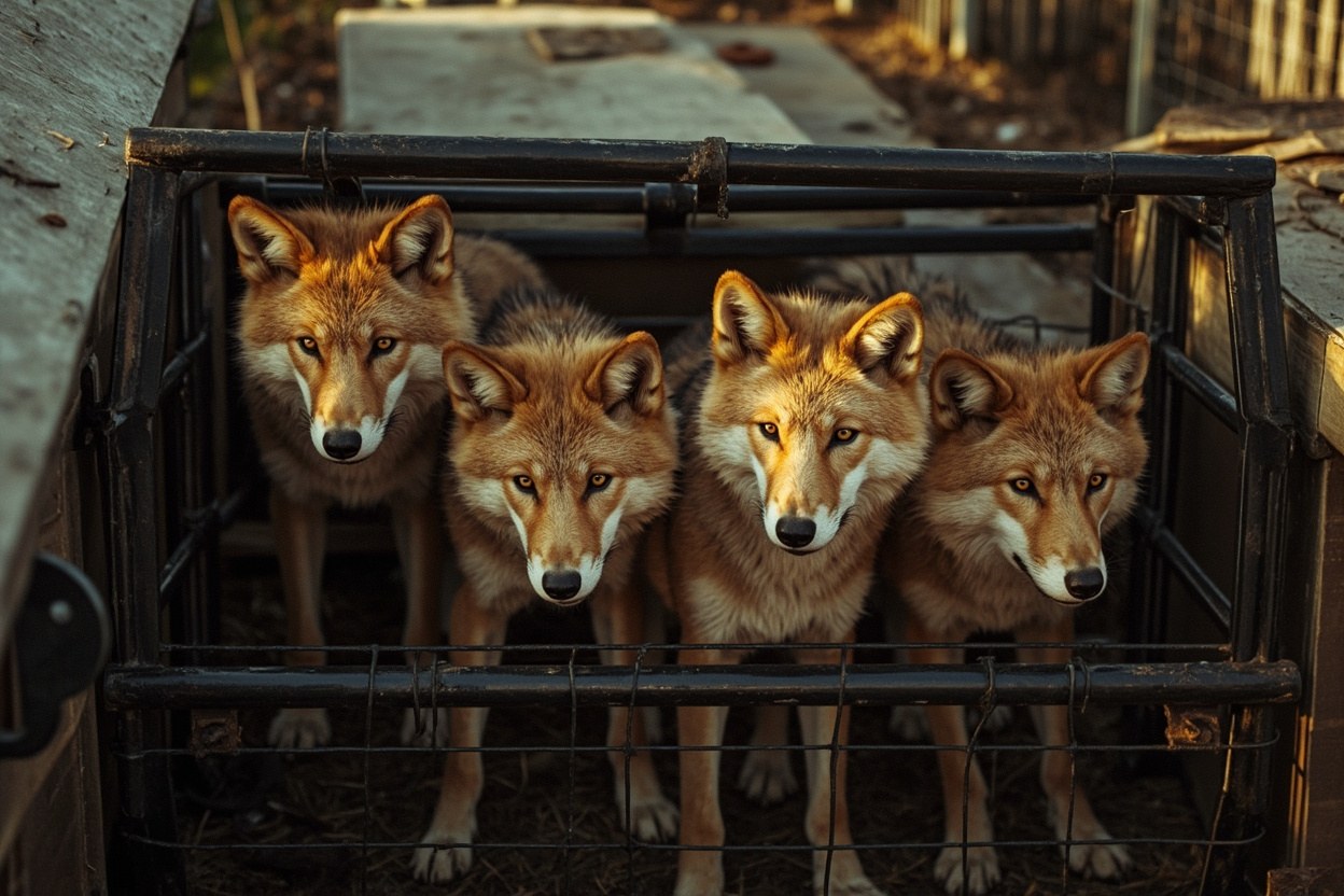 Three red wolves in a holding crate being moved between enclosures at a wildlife facility with daylight falling across the chain link