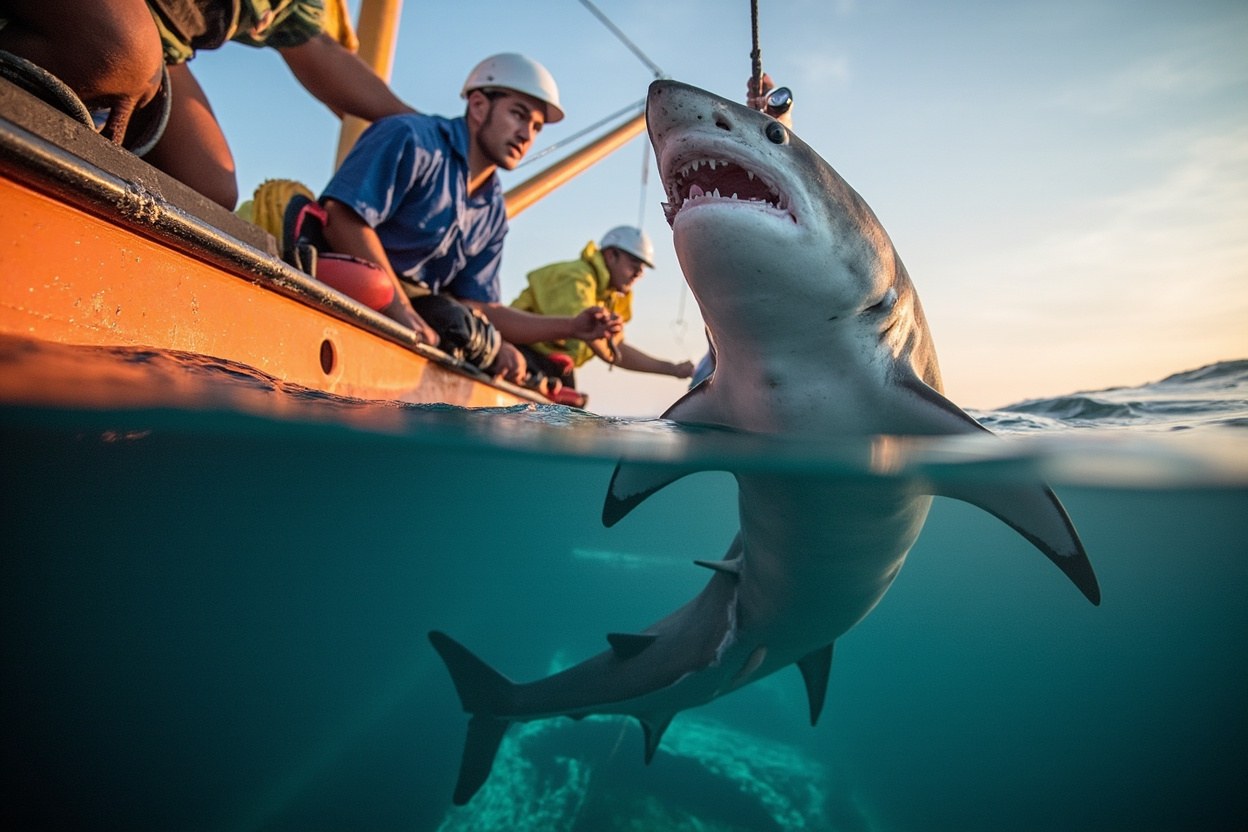 A purse seine crew sliding a sleek grey shark back into open water at dawn, the animal slipping under a calm sea surface as gulls wheel in the soft early daylight