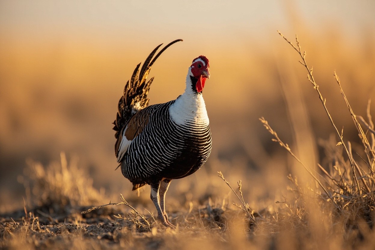 A greater sage grouse displaying on a lek at first light in a high desert basin, the bird's white breast feathers catching the early sun against a backdrop of sagebrush and distant mountains.