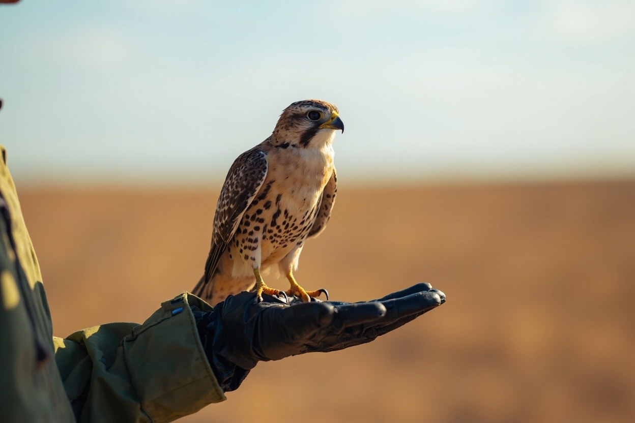 A rehabilitated saker falcon with light brown plumage perched on a gloved hand at a release site on an open steppe under a bright sky.