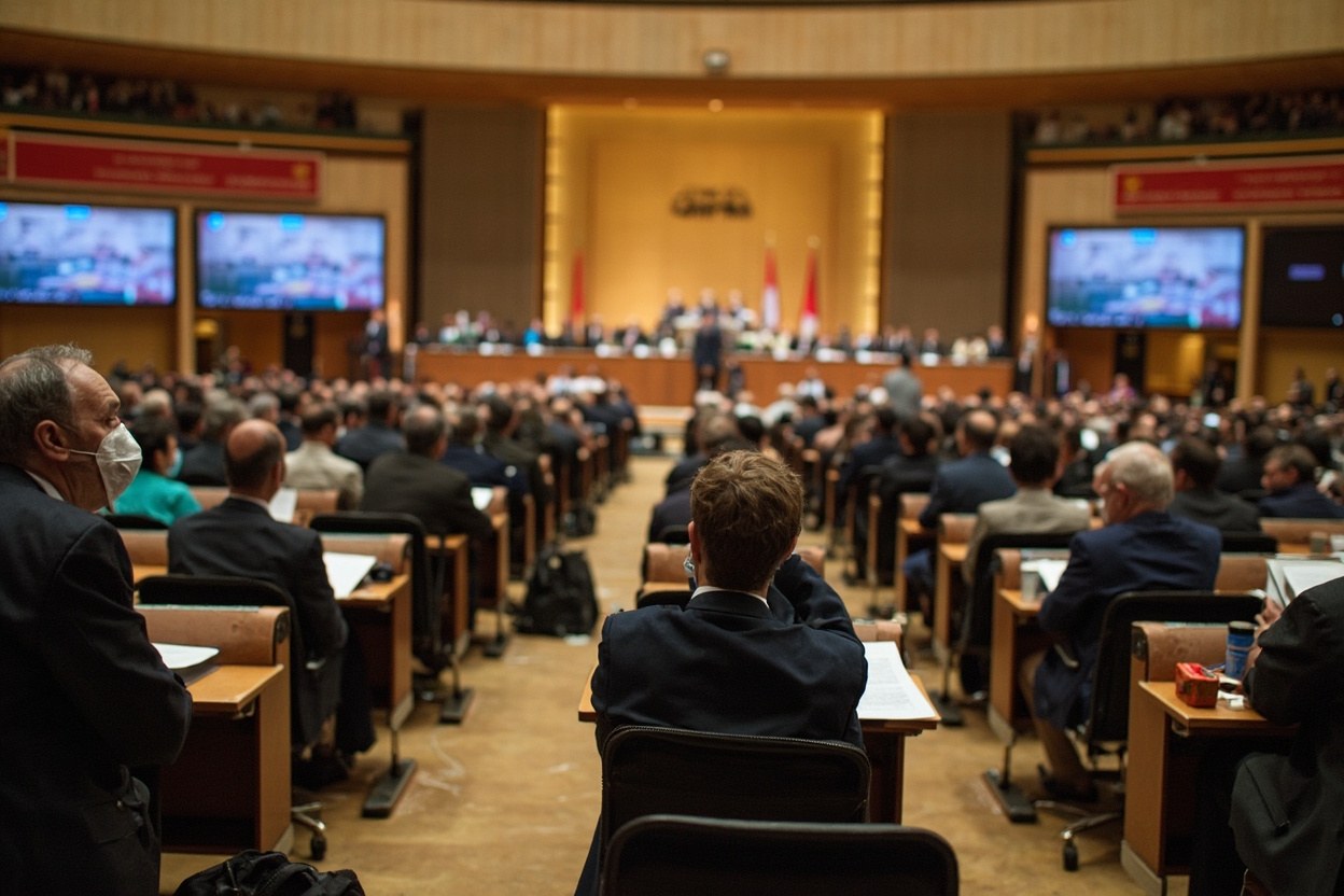 Delegates seated under banners inside the Samarkand conference hall during a Committee II session at CITES CoP20, with national flags visible in the foreground daylight.