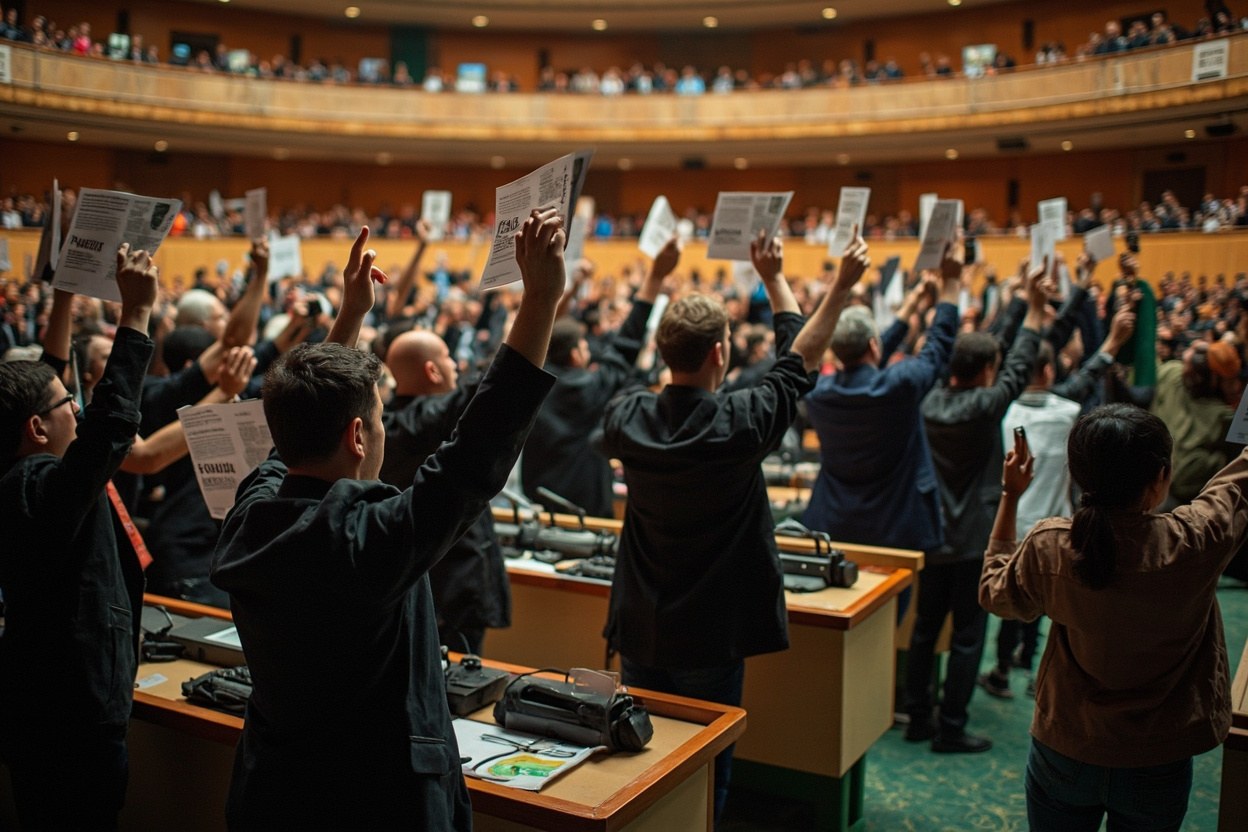 A wide view of the main plenary hall at the Samarkand congress centre during a CITES vote, with delegates holding up green and red cards in daylight.
