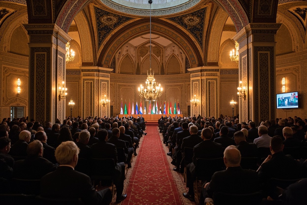 Delegates seated beneath a vaulted ceiling during a Samarkand conference plenary session with national flags at the front of the hall in daylight through tall windows.