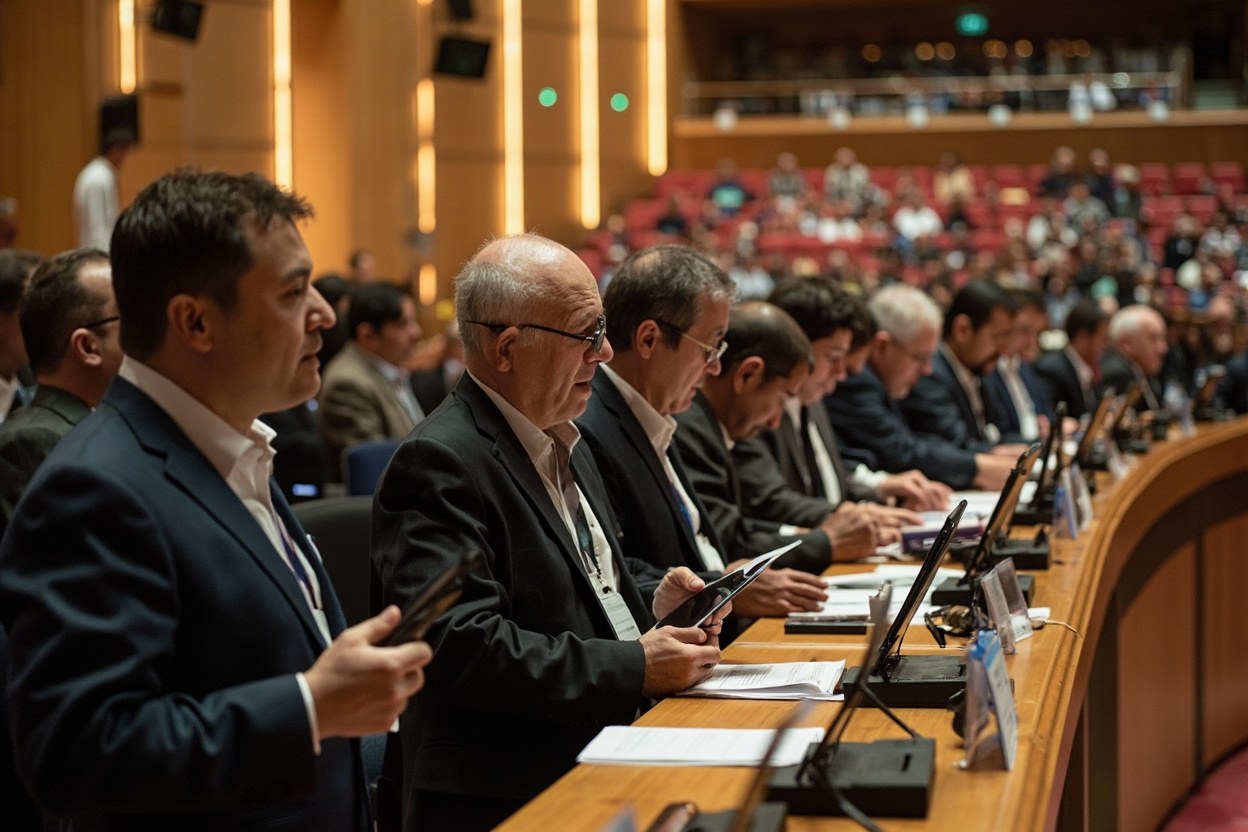 Conference delegates queue at the registration desks of a large plenary hall in Samarkand during a morning session in daylight
