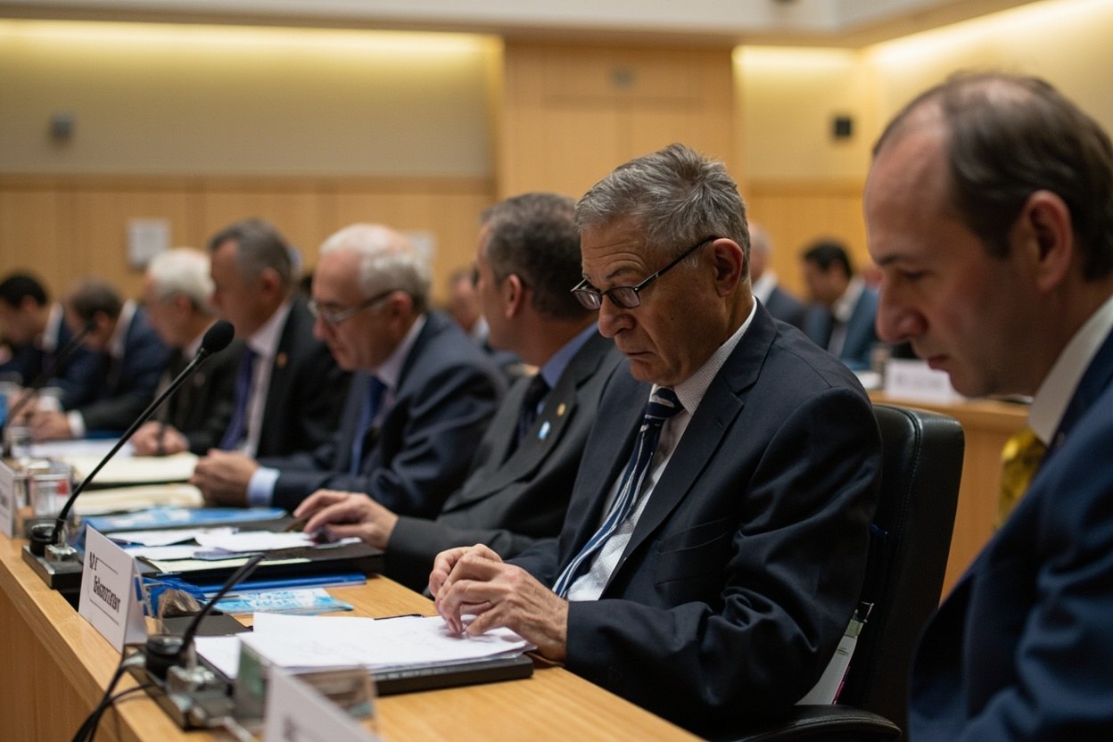 Delegates in business attire seated at long tables in a bright conference hall with translation booths in the background, daylight