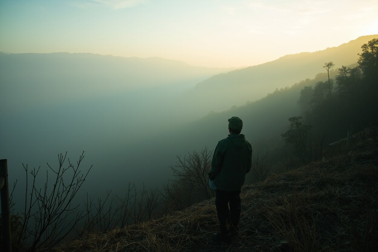A dense, mist covered section of the Annamite Range at dawn, with a forest guard in a green jacket standing at the edge of a trail in soft morning light.