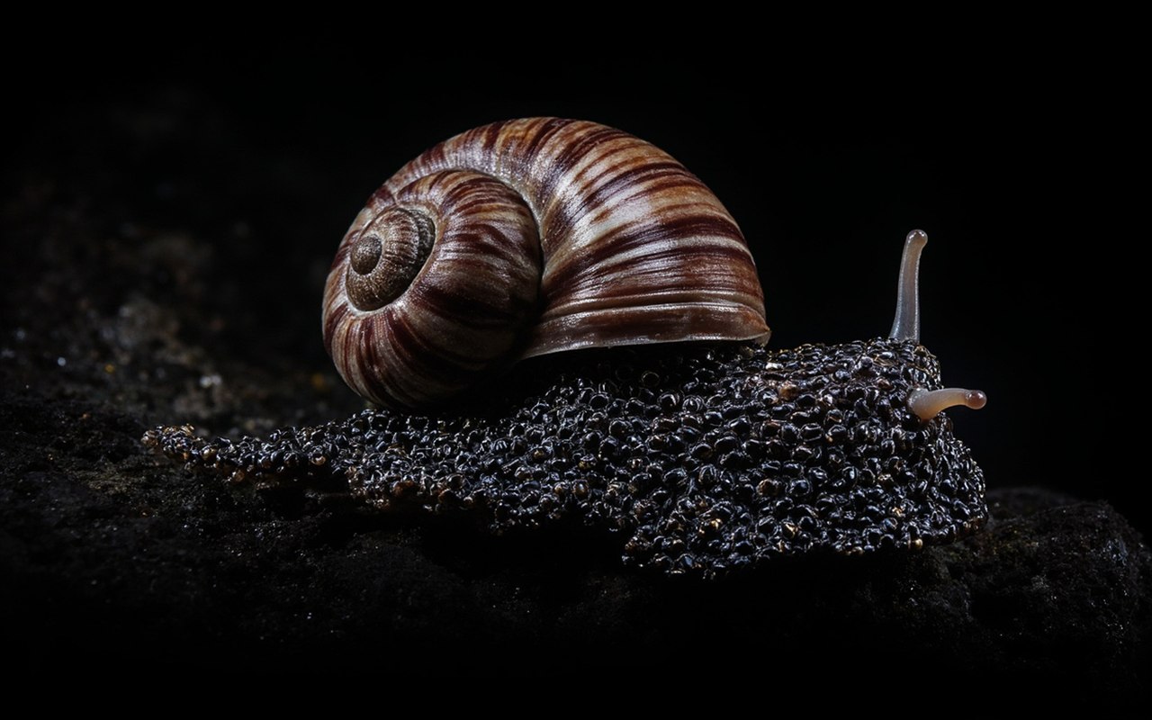 Scaly-foot snail on a hydrothermal vent surface, its foot covered in dark mineralised scales that look like small armour plating.