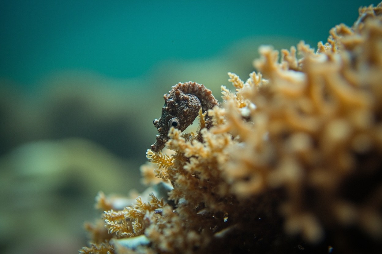 A small seahorse clings to a fan of soft coral on a tropical reef, photographed in clear shallow daylight