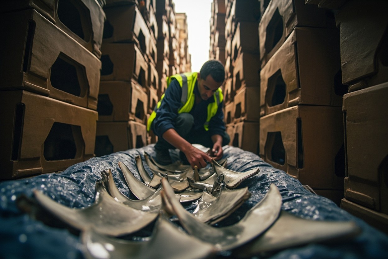 A worker in a high visibility vest inspecting a sealed lot of dried fins under warehouse lighting, crates stacked along the interior wall