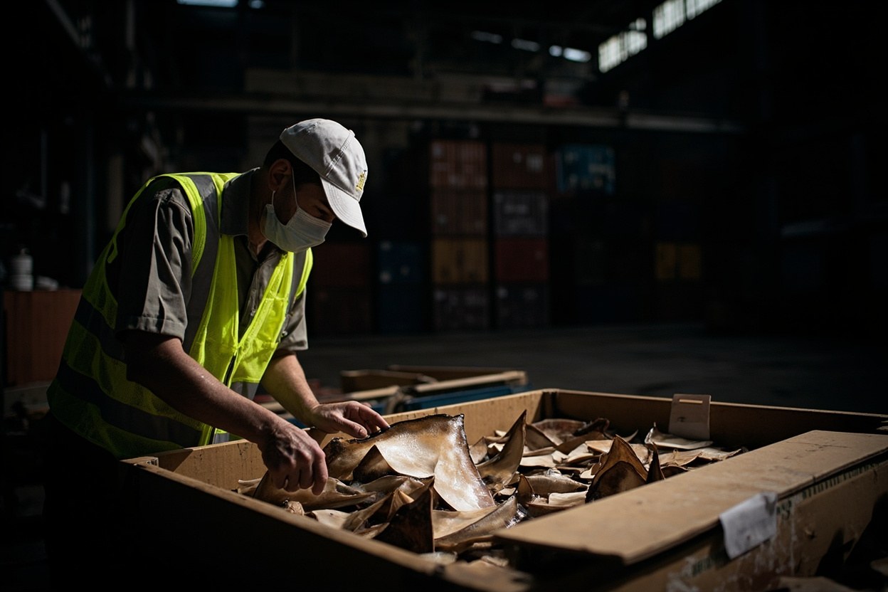 A customs inspector in a high-visibility vest inspecting a refrigerated box of dried fins at a port warehouse, with stacked pallets and a ship visible through the open door.