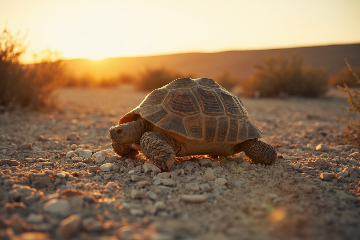 A Sonoran desert tortoise walks across pale rocky desert ground at dawn, with low scrub and a long ridgeline in the background and warm overcast light across the basin interior. The tortoise is in profile, moving slowly, with a small herd of cattle visible at a great distance in the wash.