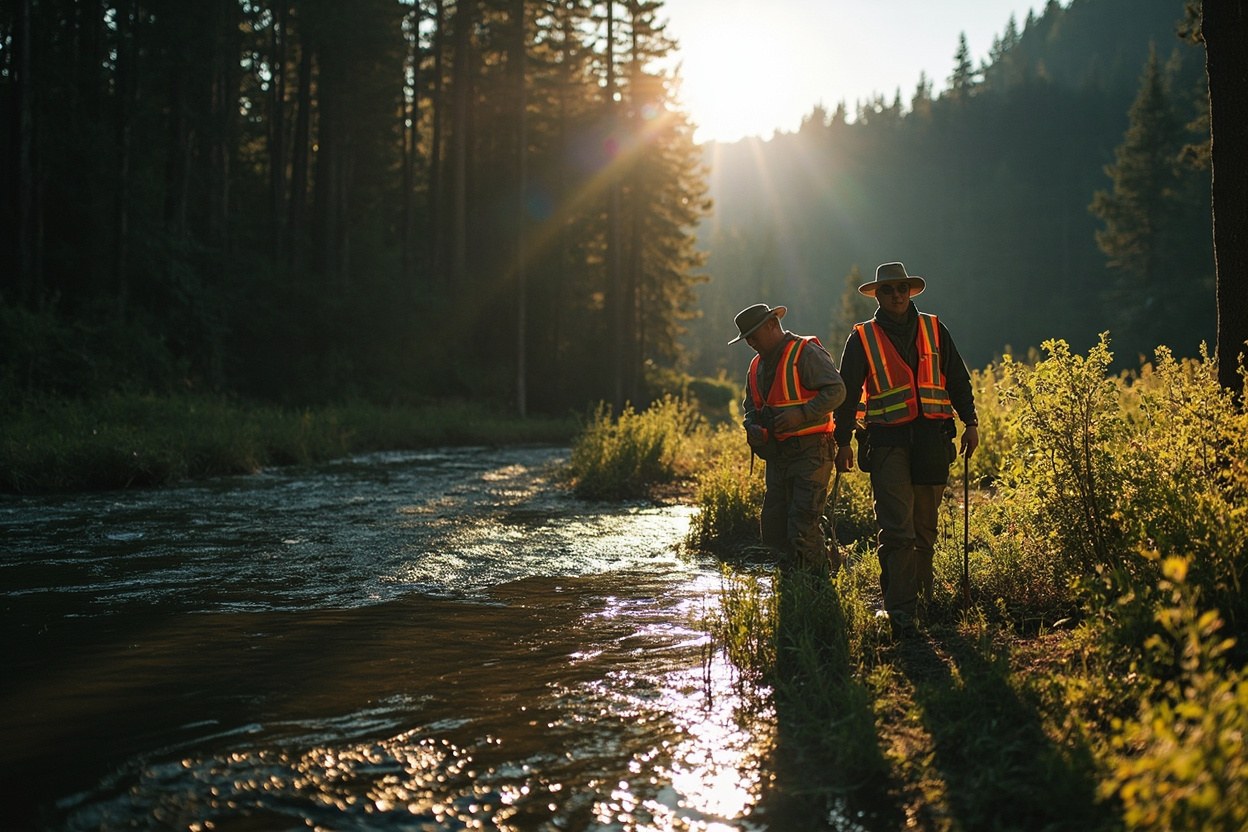 A field biologist in a high-visibility vest measures a riparian buffer with a partner in a bend of a small river at first light, the water reflecting the wooded banks and the brightening sky.