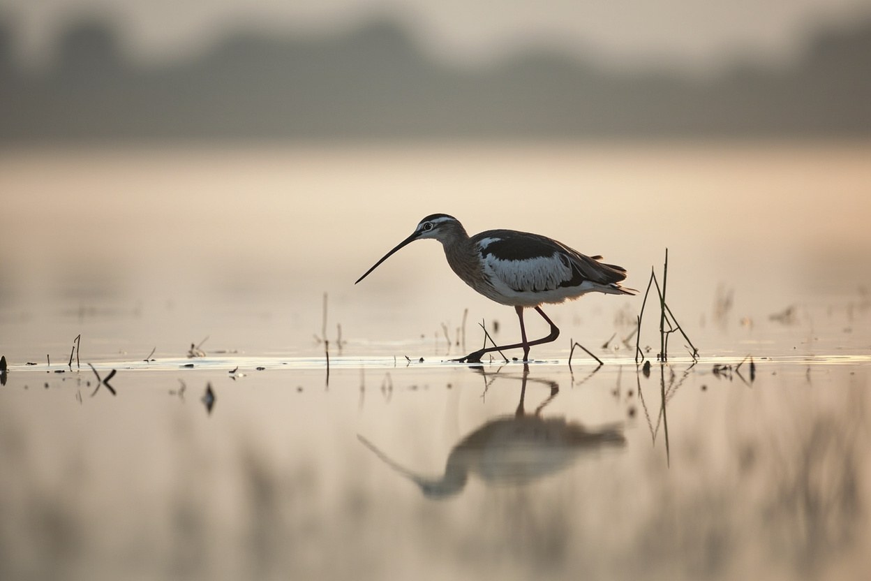 A long-legged wading bird standing in still water at first light, with reeds in the foreground and a thin line of trees on the far bank under a pale sky at daybreak
