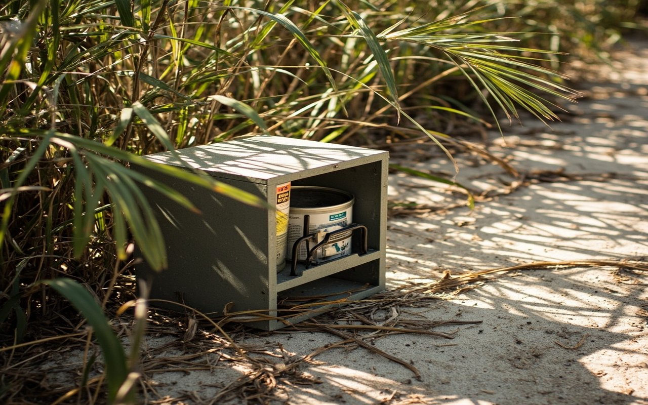 A tegu trap set in long grass at the edge of a Florida pine flatwood, with a bait can visible inside the trap door.